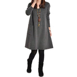 EaseHut Vintage Women Winter Dress V-neck Long Sleeve Loose Casual Fall 5XL Plus Size Dress Retro Ladies Autumn Tube Midi Dress