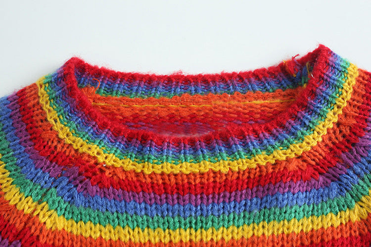 Women's Lazy Fashion Round Neck Rainbow Striped Pullover