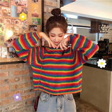 Women's Lazy Fashion Round Neck Rainbow Striped Pullover