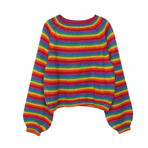 Women's Lazy Fashion Round Neck Rainbow Striped Pullover