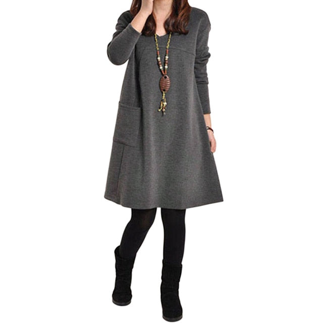 EaseHut Vintage Women Winter Dress V-neck Long Sleeve Loose Casual Fall 5XL Plus Size Dress Retro Ladies Autumn Tube Midi Dress