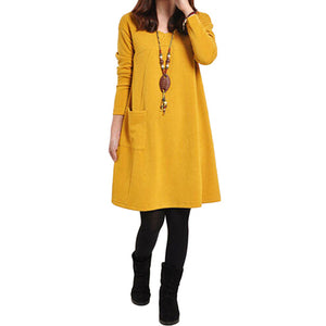 EaseHut Vintage Women Winter Dress V-neck Long Sleeve Loose Casual Fall 5XL Plus Size Dress Retro Ladies Autumn Tube Midi Dress