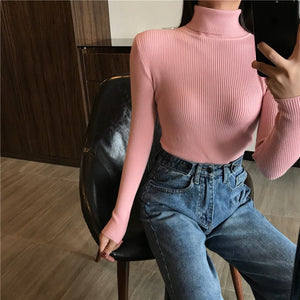 2019 Knitted Women high neck Sweater Pullovers Turtleneck Autumn Winter Basic Women Sweaters Slim Fit Black