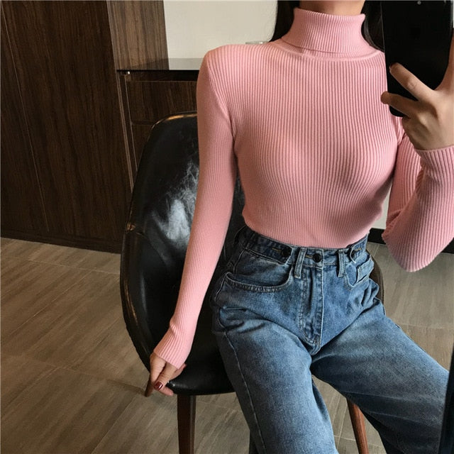 2019 Knitted Women high neck Sweater Pullovers Turtleneck Autumn Winter Basic Women Sweaters Slim Fit Black