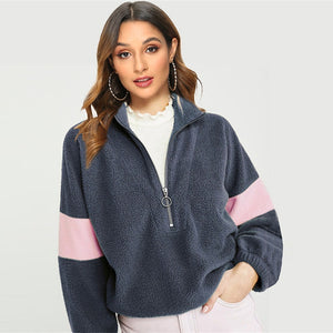 Fashion Patchwork Fleece Sweatshirts 2019 Autumn Winter Warm Hoodies For Women Casual Long Sleeve Zipper Teddy Hoodie Loose Top