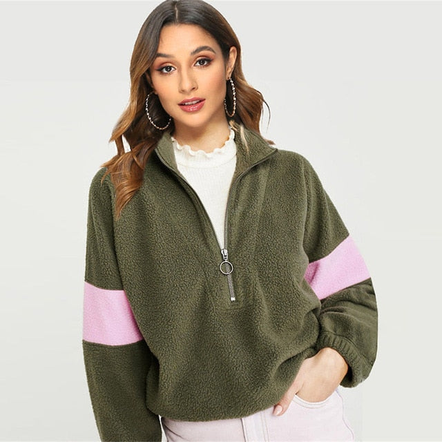 Fashion Patchwork Fleece Sweatshirts 2019 Autumn Winter Warm Hoodies For Women Casual Long Sleeve Zipper Teddy Hoodie Loose Top