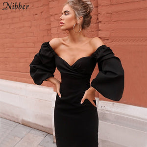 Nibber sexy pure V Neck off shoulder bodycon dress women autumn winter – bzzlife