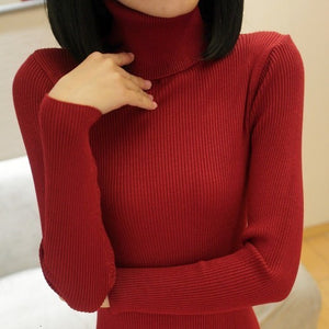 PEONFLY Autumn Elastic Long Sleeve Sweaters Female Pullover Turtleneck Women Pullovers Jumper Streetwear Knitted Tops BLACK RED