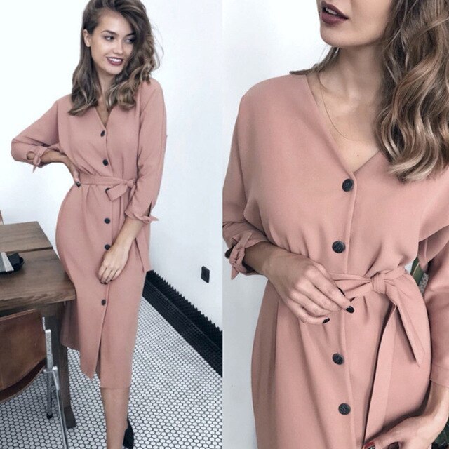 Sexy v Neck Autumn Long Sleeve Women Dress Ladies Sashes Button Casual Office Dress 2019 New Fashion Women Midi Dress Vintage