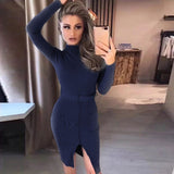 Sexy Solid Color Matching Belt Bodycon Long Sleeve Round Neck Party Dress