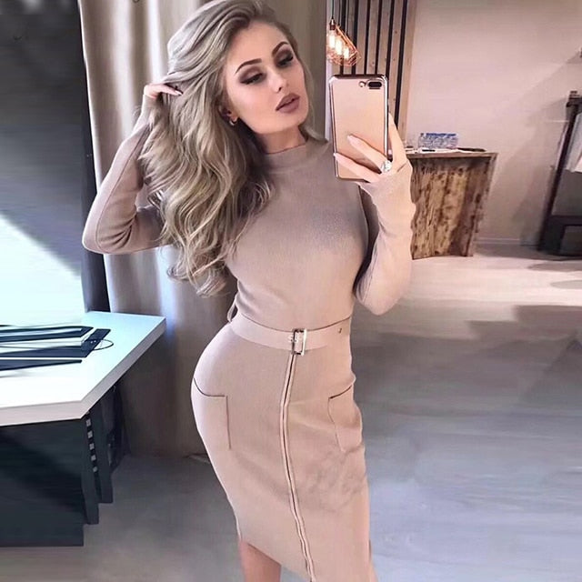 Sexy Solid Color Matching Belt Bodycon Long Sleeve Round Neck Party Dress