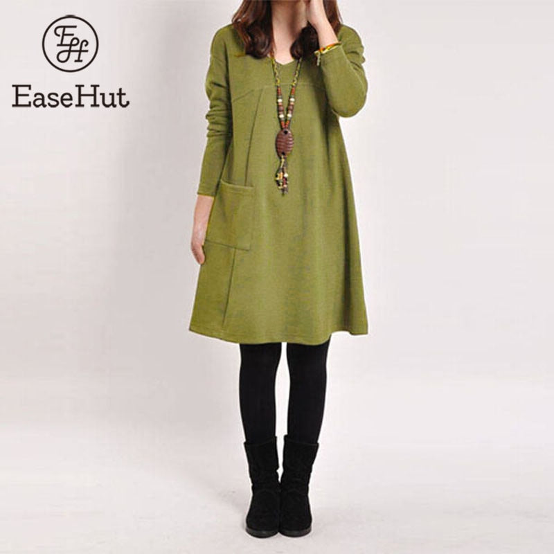 EaseHut Vintage Women Winter Dress V-neck Long Sleeve Loose Casual Fal bzzlife EaseHut Vintage Women Winter Dress V-neck Long Sleeve Loose Casual Fal bzzlife