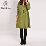 EaseHut Vintage Women Winter Dress V-neck Long Sleeve Loose Casual Fall 5XL Plus Size Dress Retro Ladies Autumn Tube Midi Dress