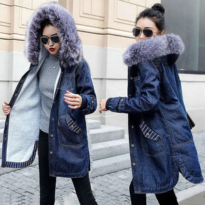 European Ladies Clothing Winter Hooded Outwear Big Fur Collar Female denim Jacket Warm Wool lining Long jackets women Jean Coat