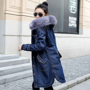 European Ladies Clothing Winter Hooded Outwear Big Fur Collar Female denim Jacket Warm Wool lining Long jackets women Jean Coat