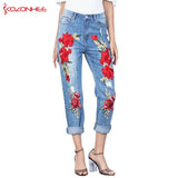 Stretching 3D Torn Jeans With Embroidery Rose Flower Elastic Jeans Women's With  Female Large Size