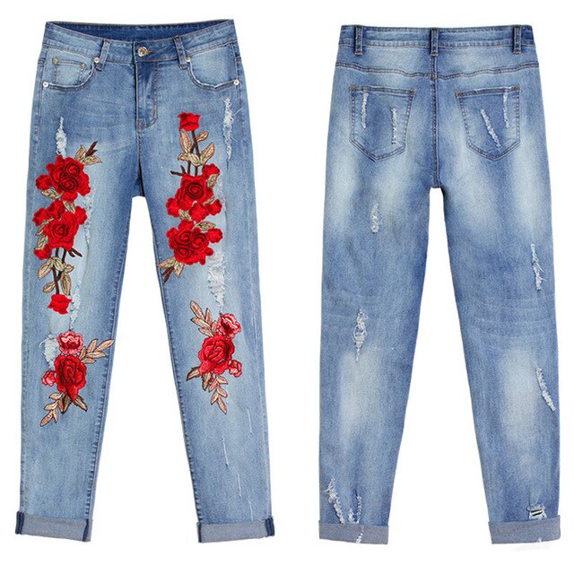 Stretching 3D Torn Jeans With Embroidery Rose Flower Elastic Jeans Women's With  Female Large Size