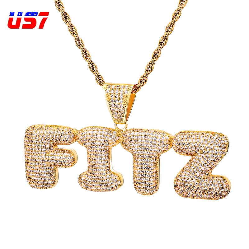 Custom Name Iced Out Bubble Letters  Pendants Necklaces Men's Hip Hop Jewelry With Gold Silver Cuban Chain