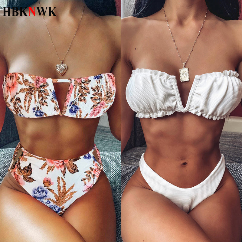 Sexy Bandeau V-Neck Bikini Swimsuit