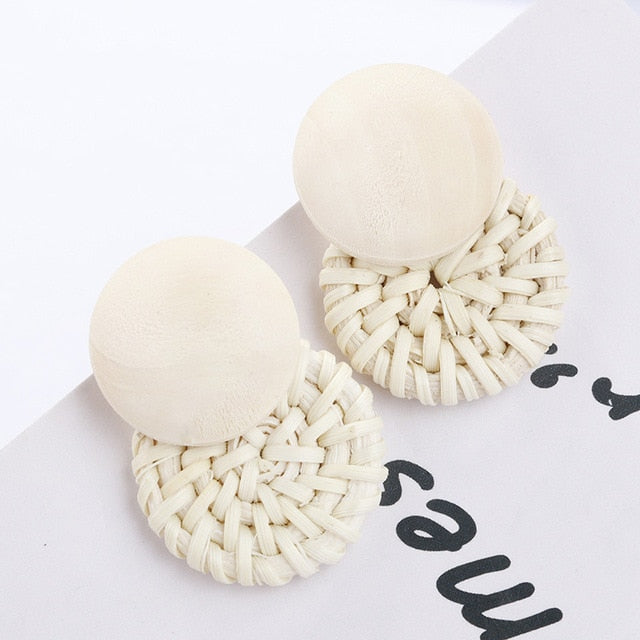 27 Style Korean Handmade Wooden Straw Weave Geometric Long Earrings