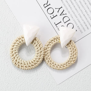 27 Style Korean Handmade Wooden Straw Weave Geometric Long Earrings