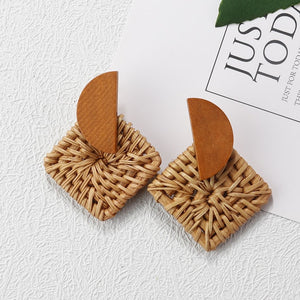 27 Style Korean Handmade Wooden Straw Weave Geometric Long Earrings