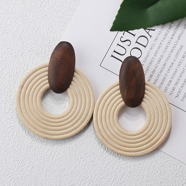 27 Style Korean Handmade Wooden Straw Weave Geometric Long Earrings