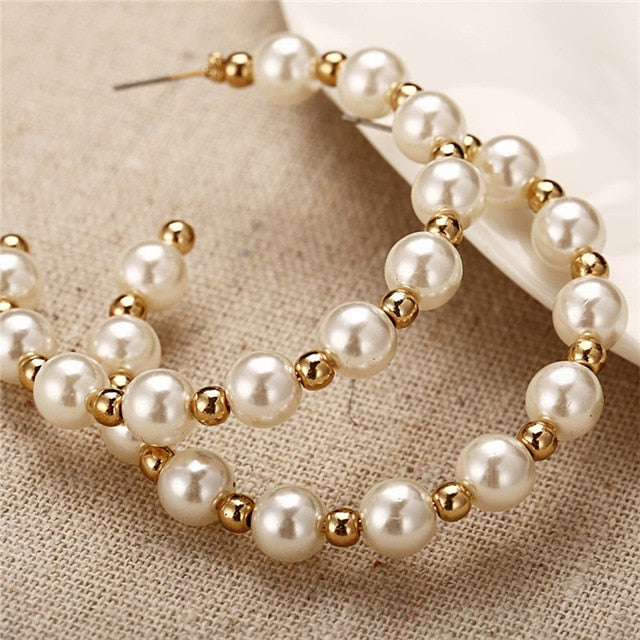 Simple Plain Gold Color Metal Pearl Hoop Earrings Fashion Big Circle Hoops Statement Earrings for Women Party Jewelry