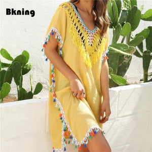 Woman Yellow Beach Cover Up Dress Fringe Tunic Beachwear