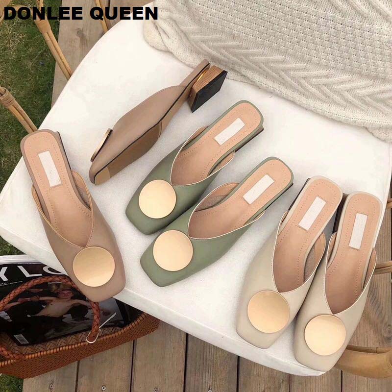 2020 Brand Designer Women Slippers Slip On Mules Flat Heel Casual Shoes British Buckle Slides Wooden Block Heels Summer Footwear