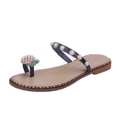 Women Flats Slippers Summer Casual Flip Flops Flowers Pearl
