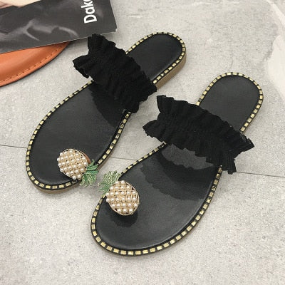 Women Flats Slippers Summer Casual Flip Flops Flowers Pearl