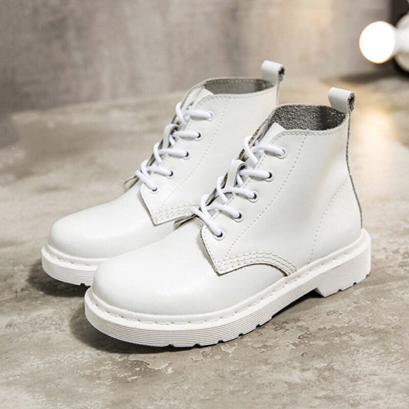White Women Motorcycle Ankle Leather Boots