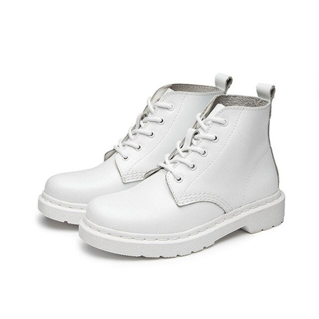 White Women Motorcycle Ankle Leather Boots