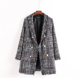 Fresh style Spring/Autumn female casual jacket coat hand-tassel loose coat checkered Tweed coat jacket lapel thick jacket