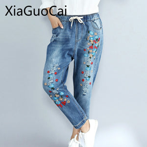 Flowers Women Jeans Large Size Women's Autumn Casual Embroidery Pants Loose Thin Nine Ripped Pants Jeans for Women