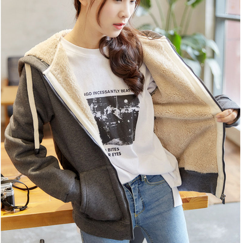 New lamb hair Hooded sweatshirt hoodie women's winter college BF wind loose students plus velvet solid color hoodies Jacket