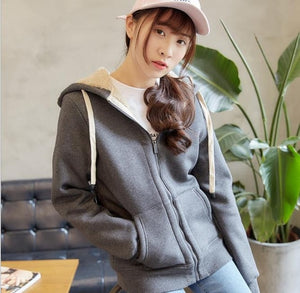 New lamb hair Hooded sweatshirt hoodie women's winter college BF wind loose students plus velvet solid color hoodies Jacket